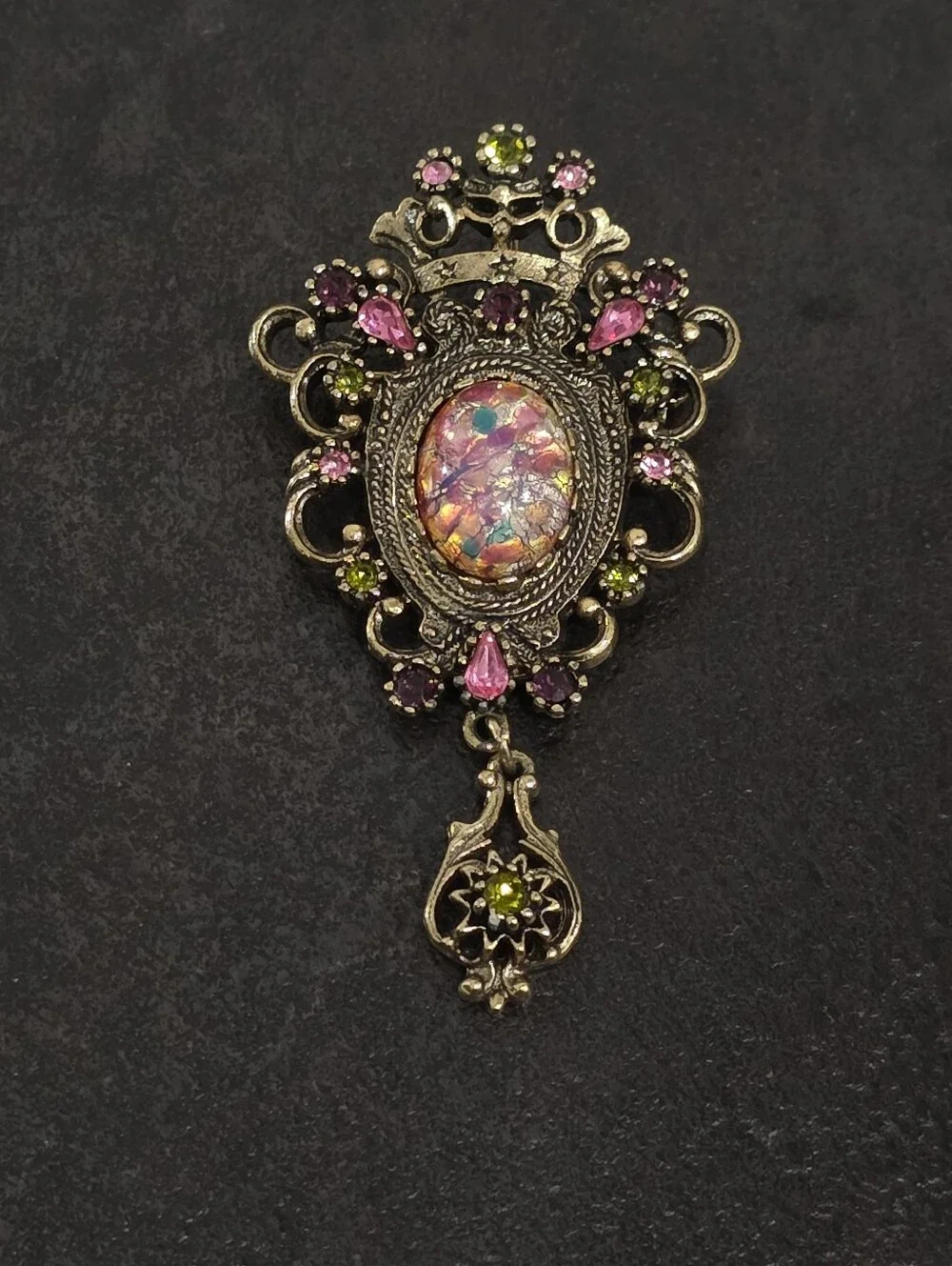 Vintage Sarah Coventry Contessa Brooch Pendant 1970s Faux Opal Rhinestone